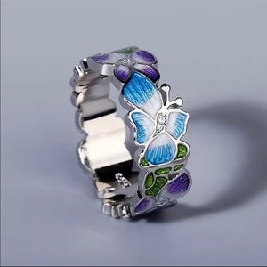 Silver Ladies Ring Handmade Enamel Blue